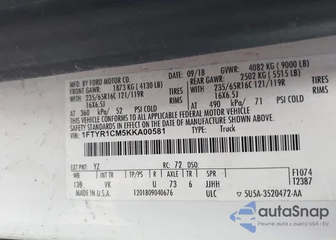 2019 Ford Transit-250 из США, поврежденный, VIN 1FTYR1CM5KKA00581